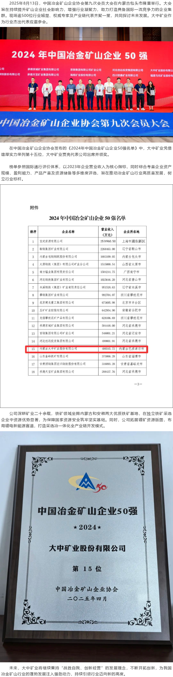 008PG国际荣誉 | 008PG国际矿业蝉联2024年中国冶金矿山企业50强榜单，位列第15位！